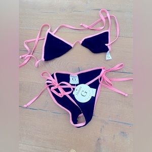 Hunza G Bikini Set bikini bottom and Tie Top in black with pink ribbon M